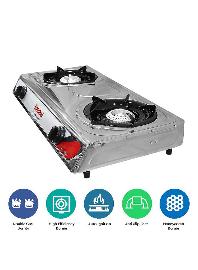 Dual Gas Burner/Gas Stove, 2 Brass Burners with Auto Ignition and Detachable Trivet Product Dimensions: 720 x 390 x 95 (W x D x H) mm NGT2002 Stainless Steel