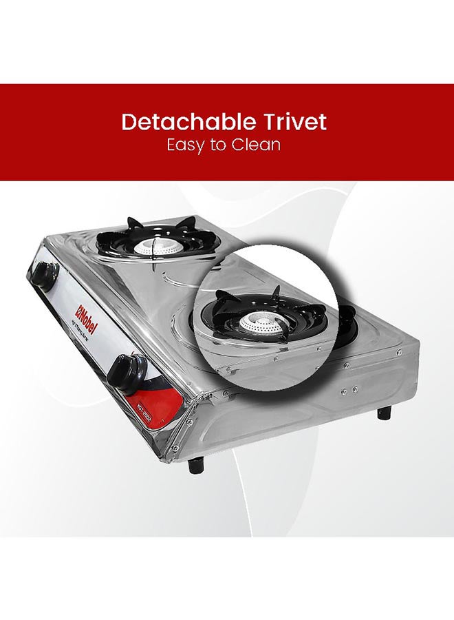 Dual Gas Burner/Gas Stove, 2 Brass Burners with Auto Ignition and Detachable Trivet Product Dimensions: 720 x 390 x 95 (W x D x H) mm NGT2002 Stainless Steel