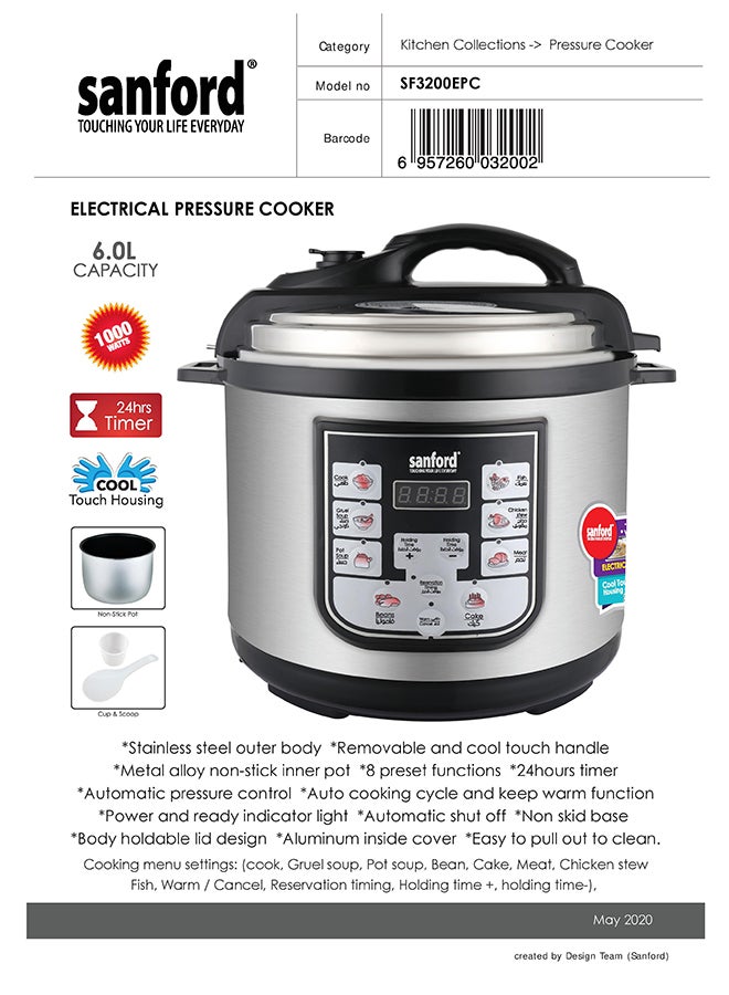 Electrical Pressure Cooker with 8 Preset Functions 6.0 L 1000.0 W SF3200EPC Black/Silver