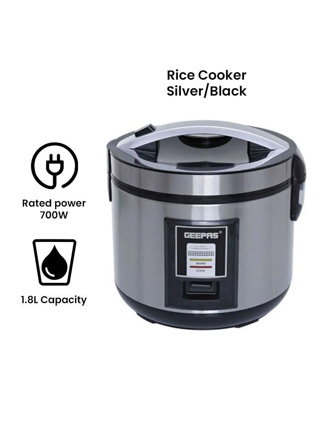 Rice Cooker 1.8 L Durable Construction| Removable Non-Stick Pot, Cool Touch Handle| Includes Cook, Warm Functions, Plastic Steamer| Perfect for Vegetables, Soups, Sauces etc |762W 1.8 L 762 W GRC4330 Black/Silver