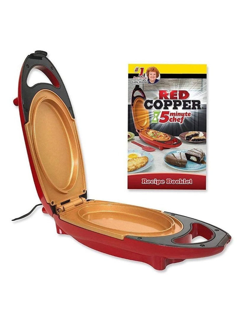 Grill Plate, Press, Red Copper 5 Minute Chef Double-Sided Copper-Infused Pan with Non-Stick Anti-Scratch Surface for Making Delicious Omelet Red