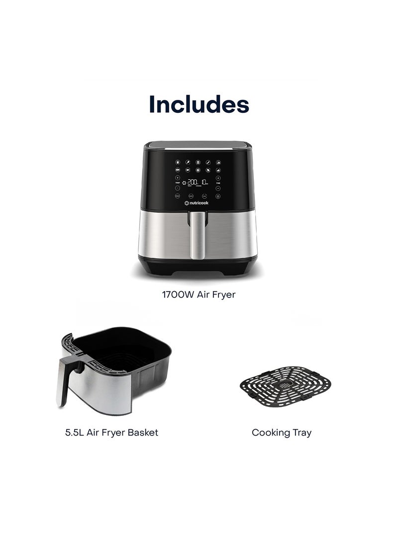 Air Fryer 2 Led One Touch Screen With 10 Presets, Preheat Celsius To Fahrenheit Conversion Auto Shut Off And Shake Reminder 5.5 L 1700 W AF205 Silver