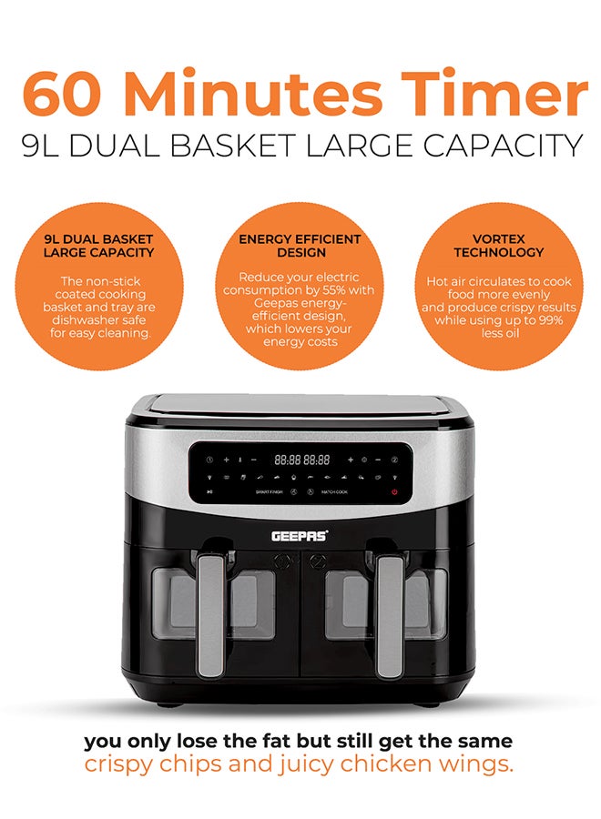 Dual Basket Digital Air Fryer 9 L Equipped With Vortex Air Frying Technology| Oil Free Cooking Led Display With Touch Screen Smart Finish And Match Cook 9 L 2600 W GAF37525 Black