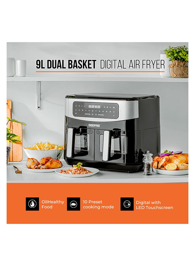 Dual Basket Digital Air Fryer 9 L Equipped With Vortex Air Frying Technology| Oil Free Cooking Led Display With Touch Screen Smart Finish And Match Cook 9 L 2600 W GAF37525 Black