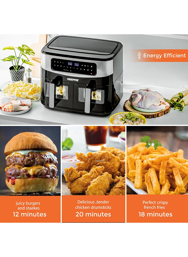 Dual Basket Digital Air Fryer 9 L Equipped With Vortex Air Frying Technology| Oil Free Cooking Led Display With Touch Screen Smart Finish And Match Cook 9 L 2600 W GAF37525 Black