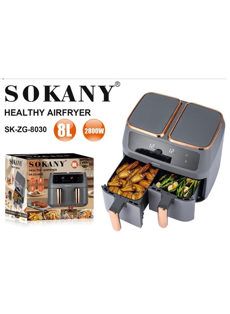 Sokany Oil Free Stainless steel Housing 8L Air Fryer For Roasting and Baking With Big LED Touch Screen