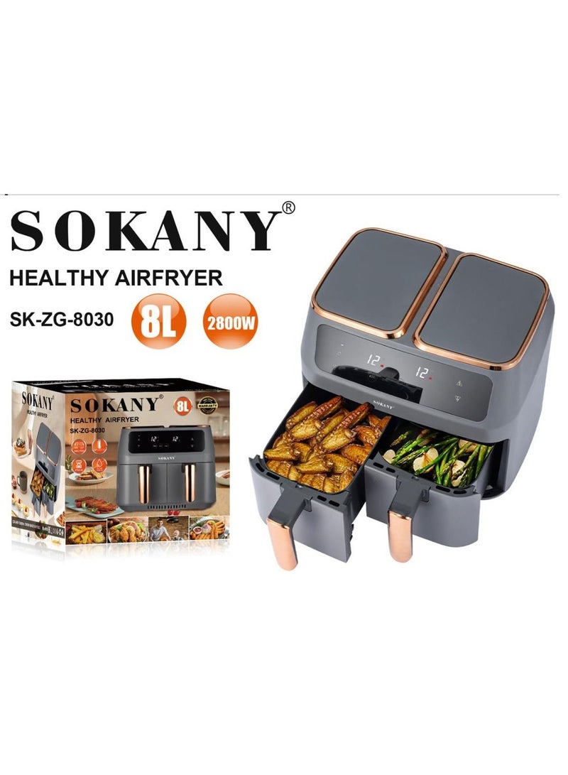 Sokany Oil Free Stainless steel Housing 8L Air Fryer For Roasting and Baking With Big LED Touch Screen