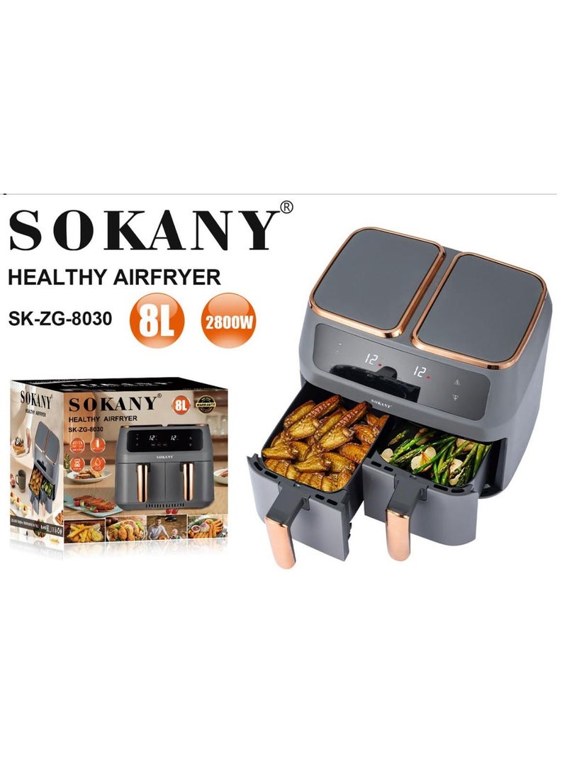 Sokany Oil Free Stainless steel Housing 8L Air Fryer For Roasting and Baking With Big LED Touch Screen