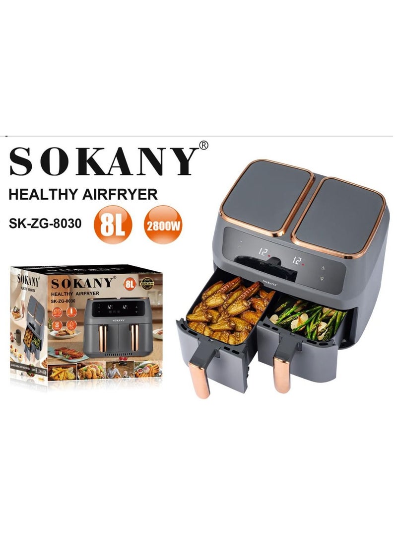 Sokany Oil Free Stainless steel Housing 8L Air Fryer For Roasting and Baking With Big LED Touch Screen