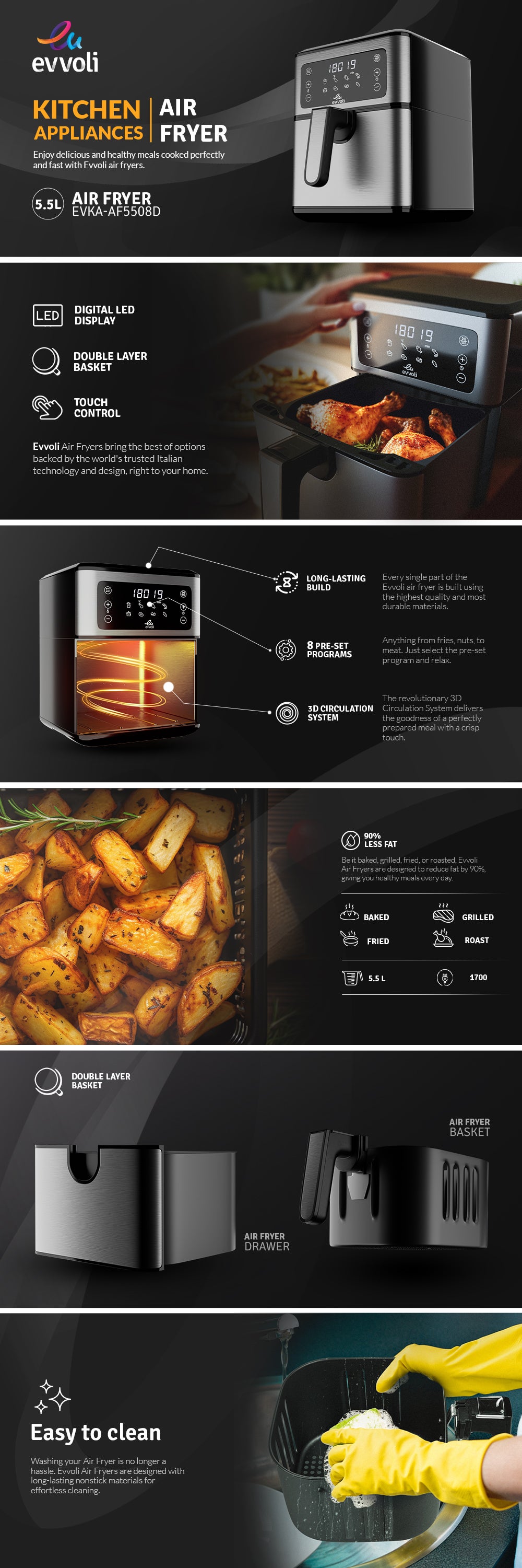 Air Fryer 8 Preset Programs With Digital Control Panel Display, Built-In Preheat Function 5.5 L 1700 W EVKA-AF5508D Grey