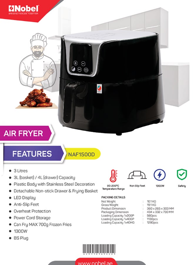 Air Fryer 3L (basket) / 4L (drawer) Capacity with Detachable Non-Stick Drawer & Frying Basket, LED Display with Overheat Protection, Power Cord Storage 4 L 1300 W NAF1500D Black