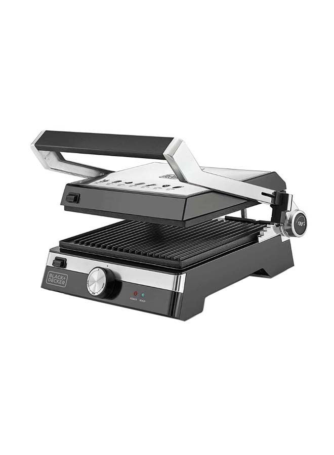 Family Health Grill, 2000W, 1500 cm² Perfect Double Grilling | Panini Press, Non-Stick & 180° Full Flat Grill, Temperature Control, 5 Adjustable Heights, Die Cast Aluminium Plates, 2000 W CG2000-B5 Black/Silver