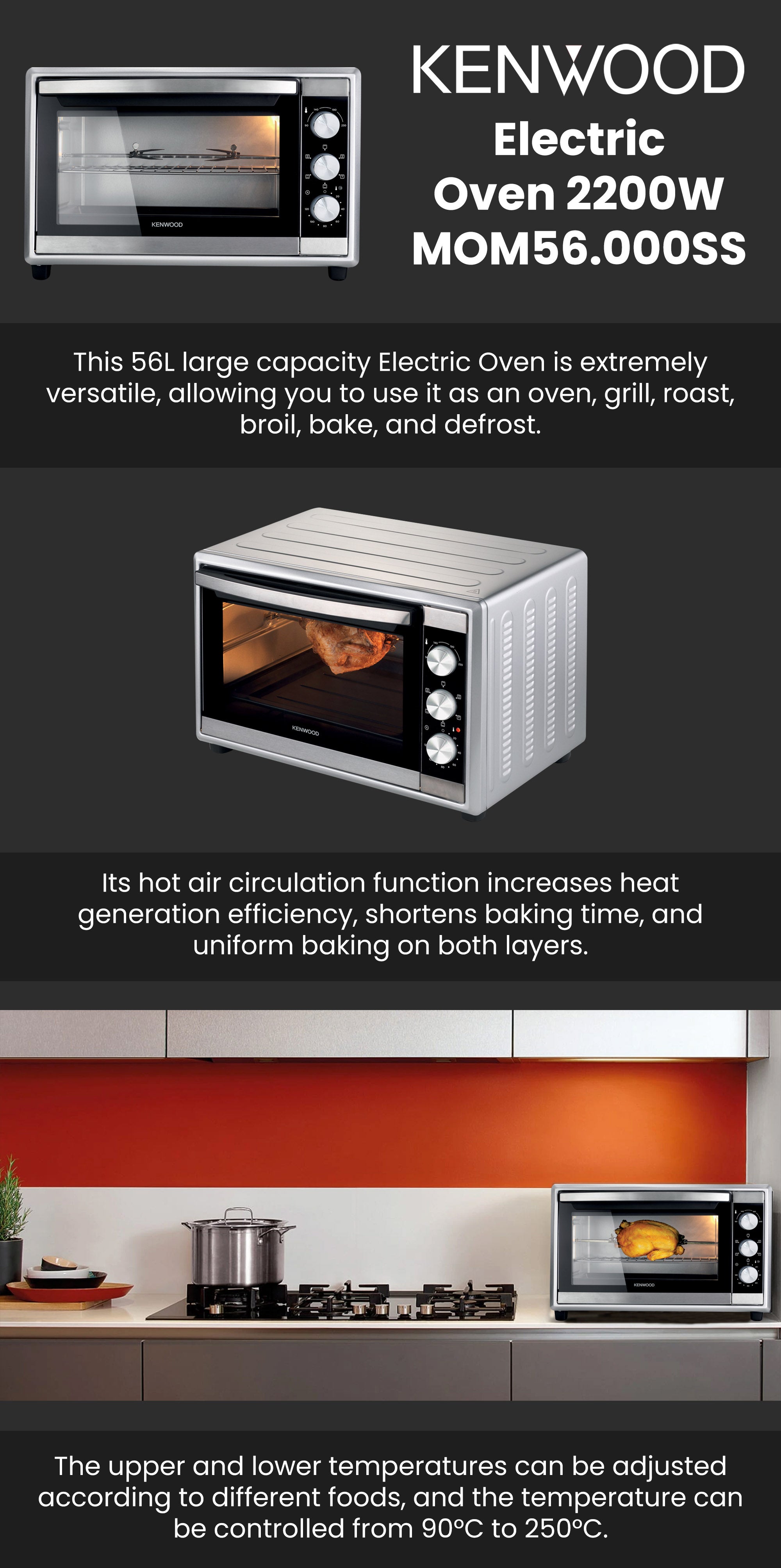 Oven Toaster Grill Large Capacity Double Glass Door Multifunctional With Rotisserie And Convection Function For Grilling, Toasting, Broiling, Baking, Defrosting, Stainless Steel 56 L 2200 W MOM56.000SS Silver