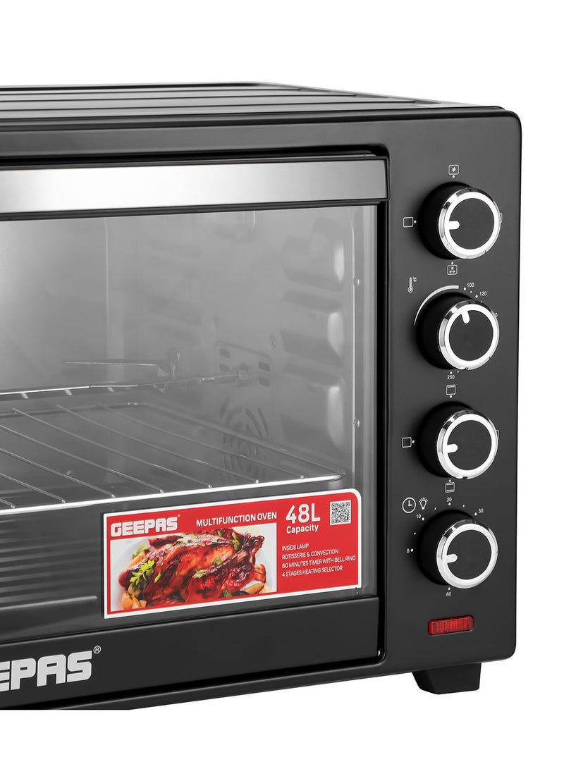 Electric Oven With Convection and Rotisserie Function 4 Knobs and Temperature 100-250-Degrees Celsius, 60 Minute Timer with Bell, Perfect for Grilling, Toasting and Roasting 48 L 2000 W GO4451N Black