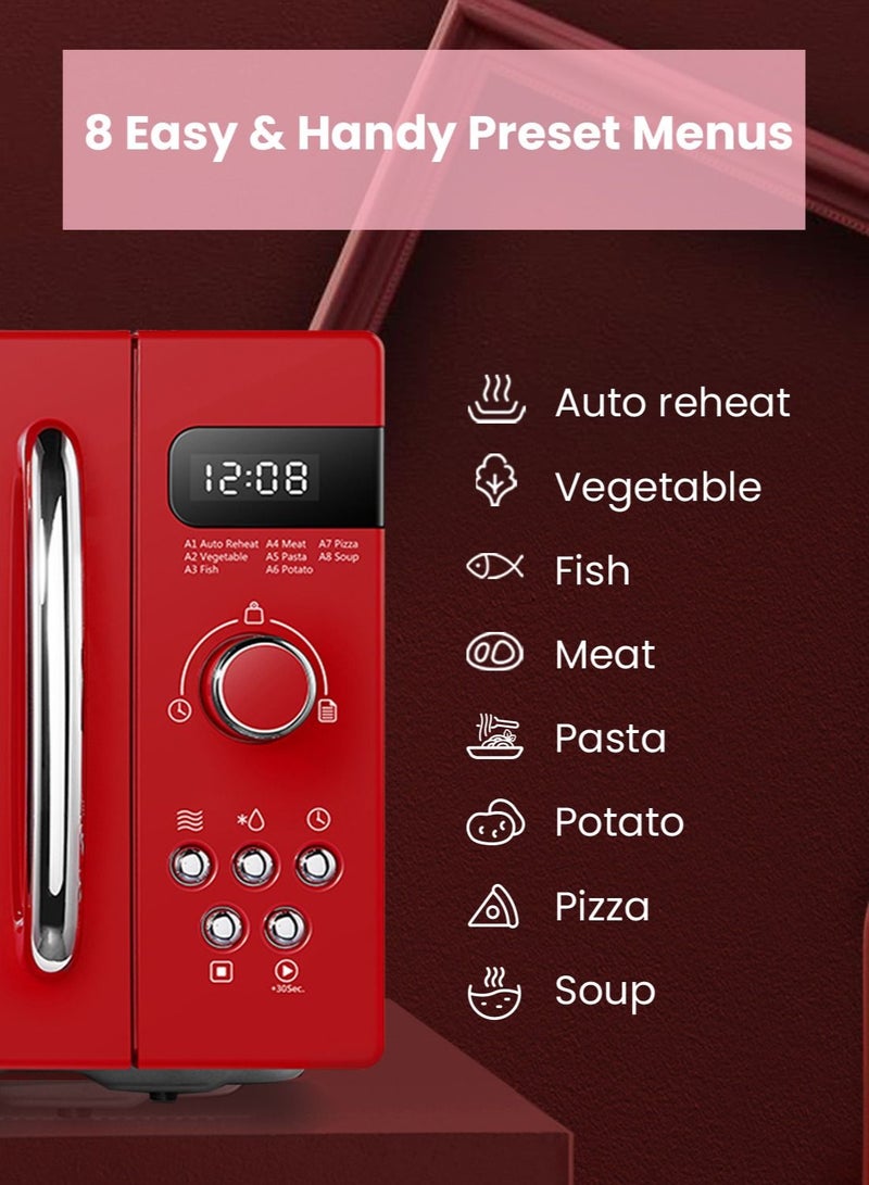 Microwave Oven Retro Vintage Microwave Oven with 8 Automatic Menus 5 Power Levels Elegant Design Easy to Use Compact Size 20 ltr 800 W-Passionate Red