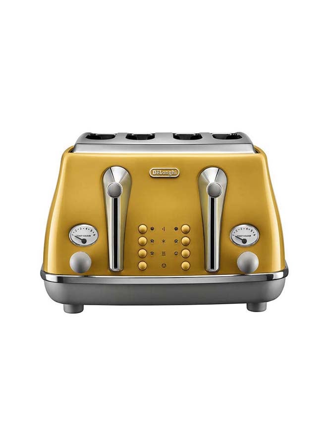 De'Longhi- Icona Capitals Vintage Style,4 Slice Toaster,One Side Bagel,Removable Crumb Tray,6 Browning Levels,Defrost And Reheat Functions,Extra-Wide Bread Slots And Lift Positions 1800 W CTOC4003.Y Yellow