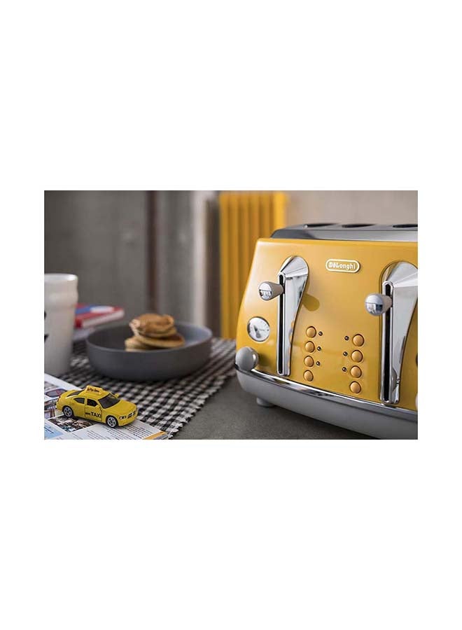 De'Longhi- Icona Capitals Vintage Style,4 Slice Toaster,One Side Bagel,Removable Crumb Tray,6 Browning Levels,Defrost And Reheat Functions,Extra-Wide Bread Slots And Lift Positions 1800 W CTOC4003.Y Yellow