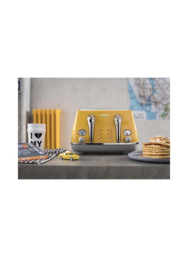 De'Longhi- Icona Capitals Vintage Style,4 Slice Toaster,One Side Bagel,Removable Crumb Tray,6 Browning Levels,Defrost And Reheat Functions,Extra-Wide Bread Slots And Lift Positions 1800 W CTOC4003.Y Yellow