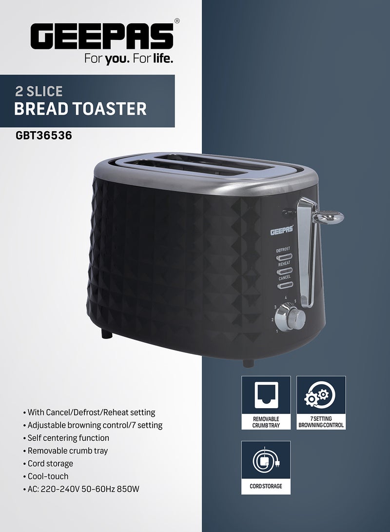 2 Slice Bread Toaster -  Adjustable 7 Browning Control 2 Slice Pop-Up Toaster with Removable Crumb Collection Tray, Self-Centering | Cancel, Defrost & Reheat | Perfect Sandwiches, Toast & More 850 W GBT36536 Black