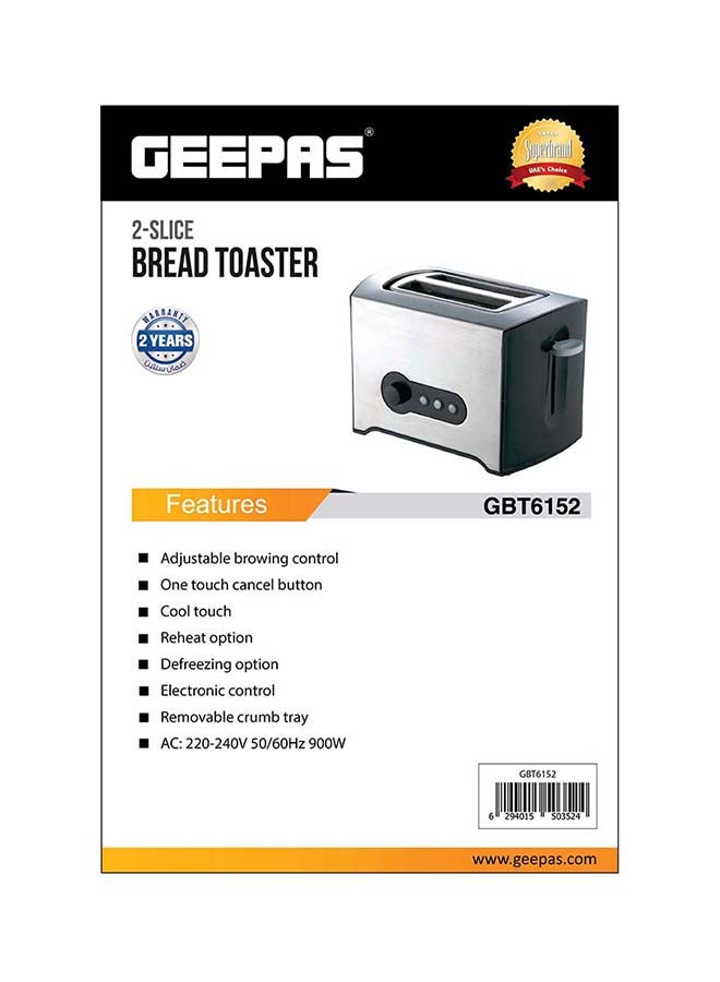 2 Slice Toaster - Stainless Steel Bread Toaster with High Lift Lever With High Lift & Lock Function - Reheat| Defrost Function |Lift & Lock Function, Wide 2 Slots, Even & Fast Toasting, 900.0 W GBT6152 Silver/Black