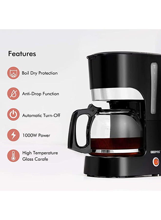 Coffee Maker, Filter Coffee Machine, | High Temperature Glass Carafe | Keep Warm & Anti-Drip Function | Reusable Filter | On/ Off Switch with Indicator Light 1.5 L 850 W GCM6103 Black/Clear