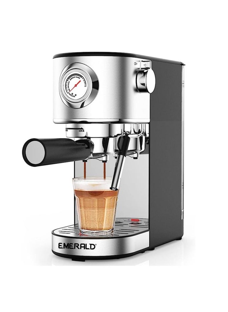 EMERALD - Brush Stainless Steel Automatic Coffee Machine, Espresso and Cappuccino Maker. 20 Bar, 1.1 Litre Water Tank, Frothing Function, Removable Drip Tray. EK7911ECM