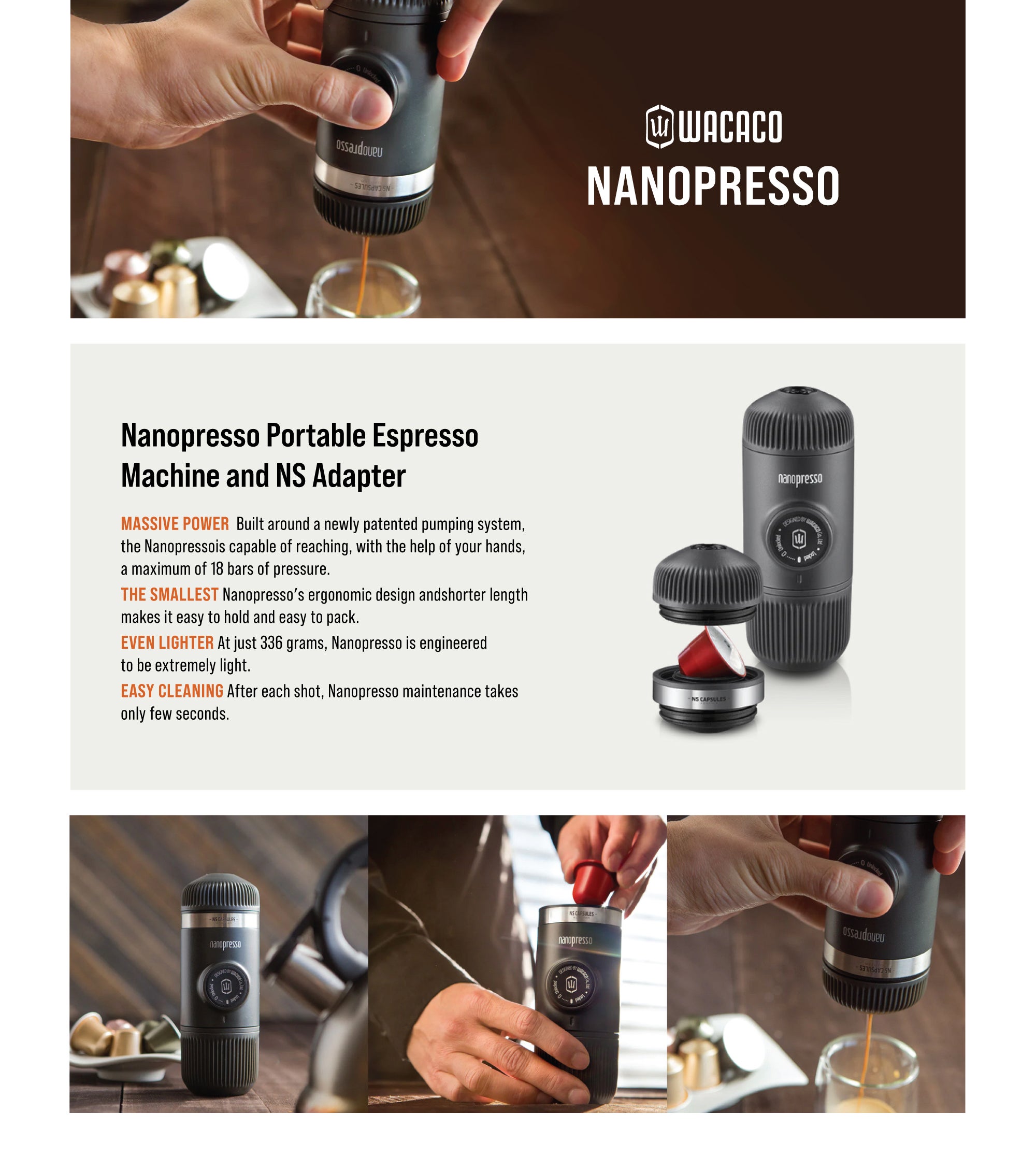 Nanopresso Portable Espresso Machine + Nespresso NS Adapter | 18 Bar Pressure (260 PSI), Compact Travel Coffee Maker, Manually Operated Black