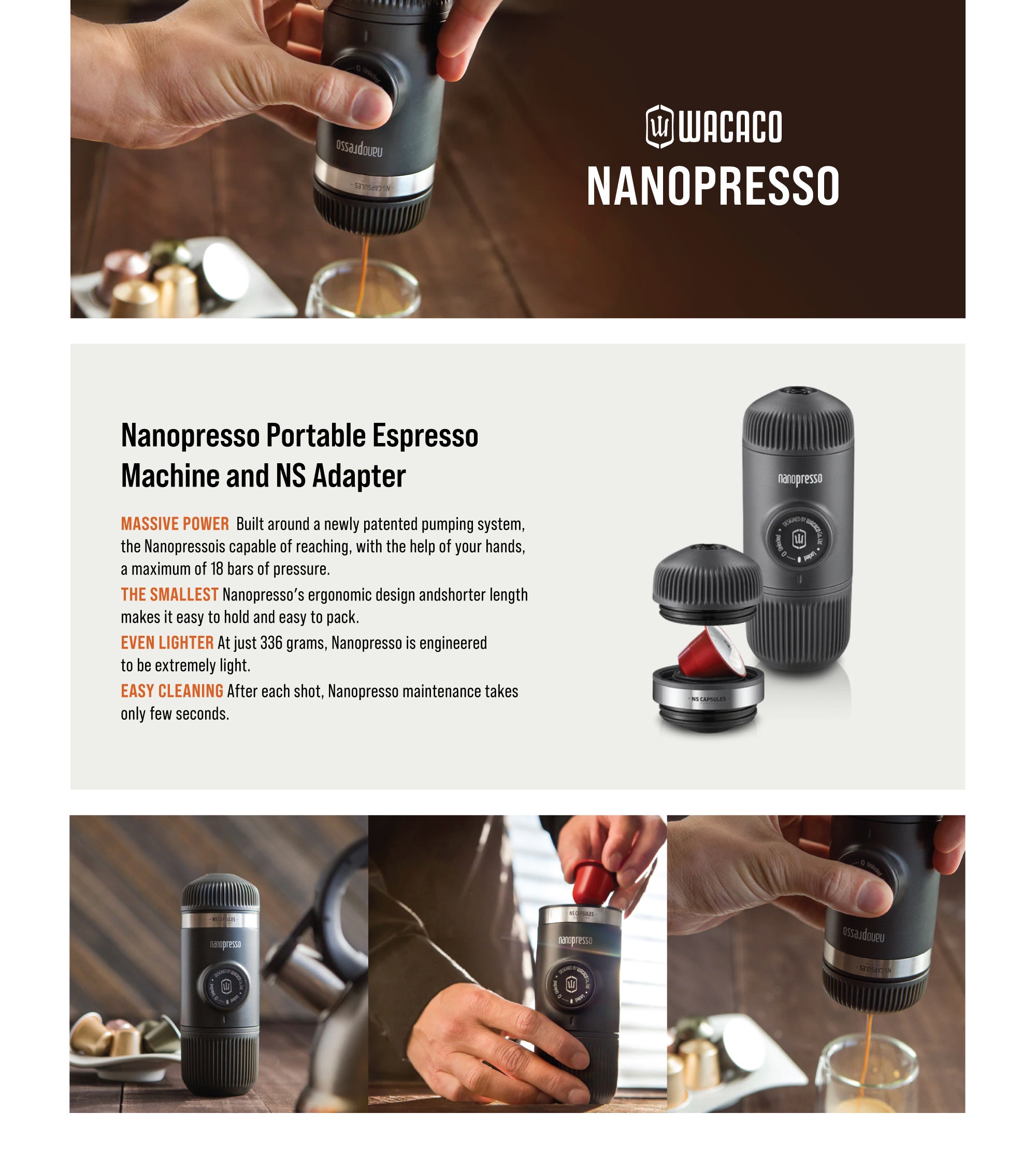 Nanopresso Portable Espresso Machine + Nespresso NS Adapter | 18 Bar Pressure (261 PSI), Compact Travel Coffee Maker, Manually Operated Black