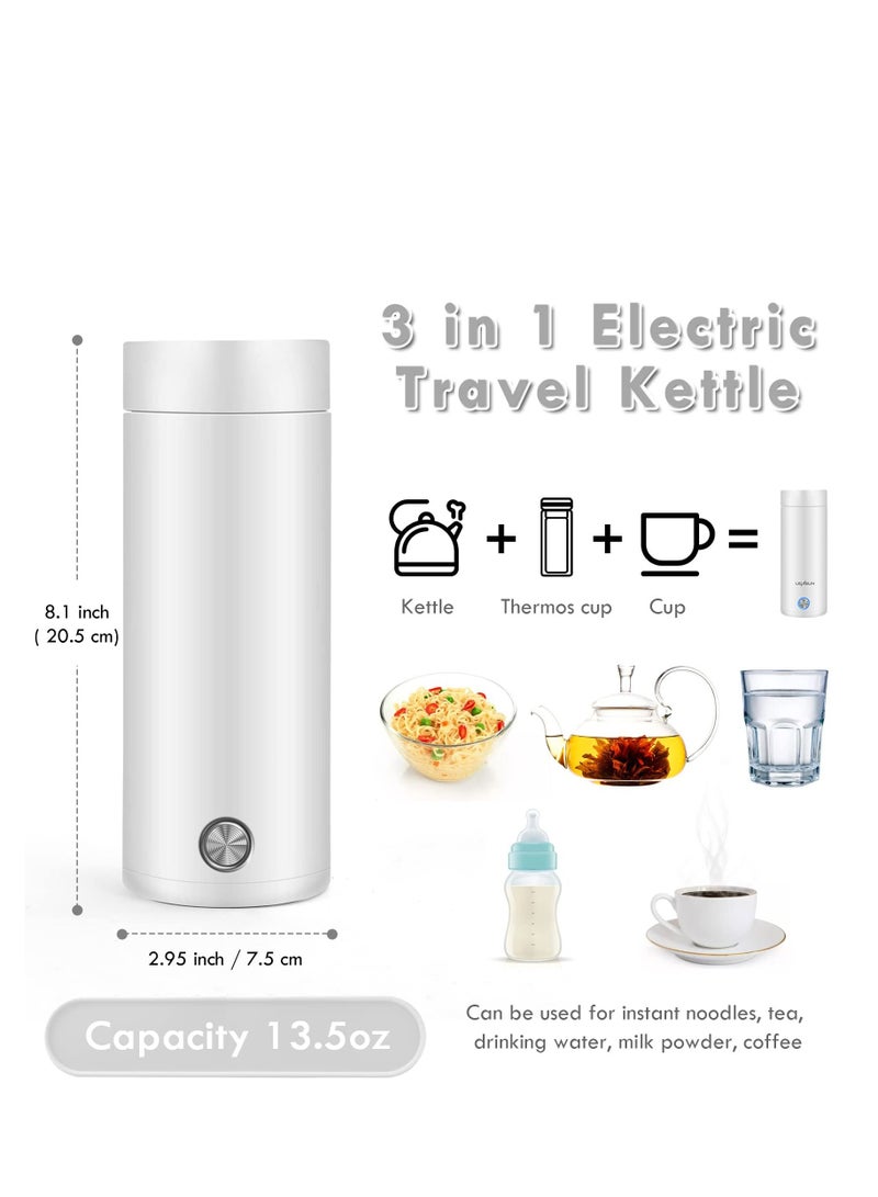 Portable Electric Kettle 400ml Travel Tea Kettle with Non stick Coating Double Wall Water Boiler Bottle Insulated Coffee Thermos Mug Fast Boil and Auto Shut Off Hot Water Heater (White)
