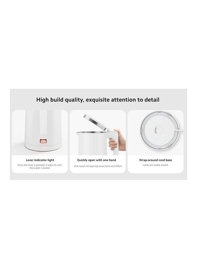 Electric Kettle 2 Dual Layer Heat Insulation Stainless Steel With Lever Indicator Light 1.7 L 1800 W MJDSH04YM White