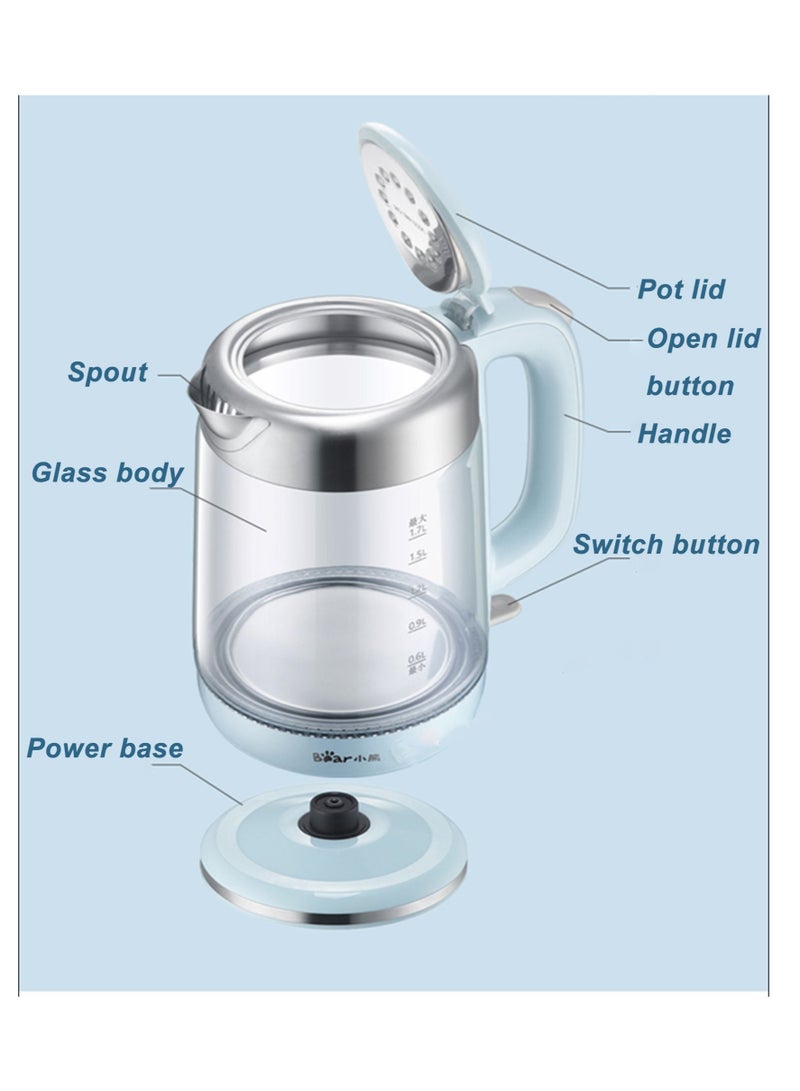1.7L Electric Kettle 2200W Borosilicate Glass Fast Boil Auto Shut-Off and Boil-Dry Protection