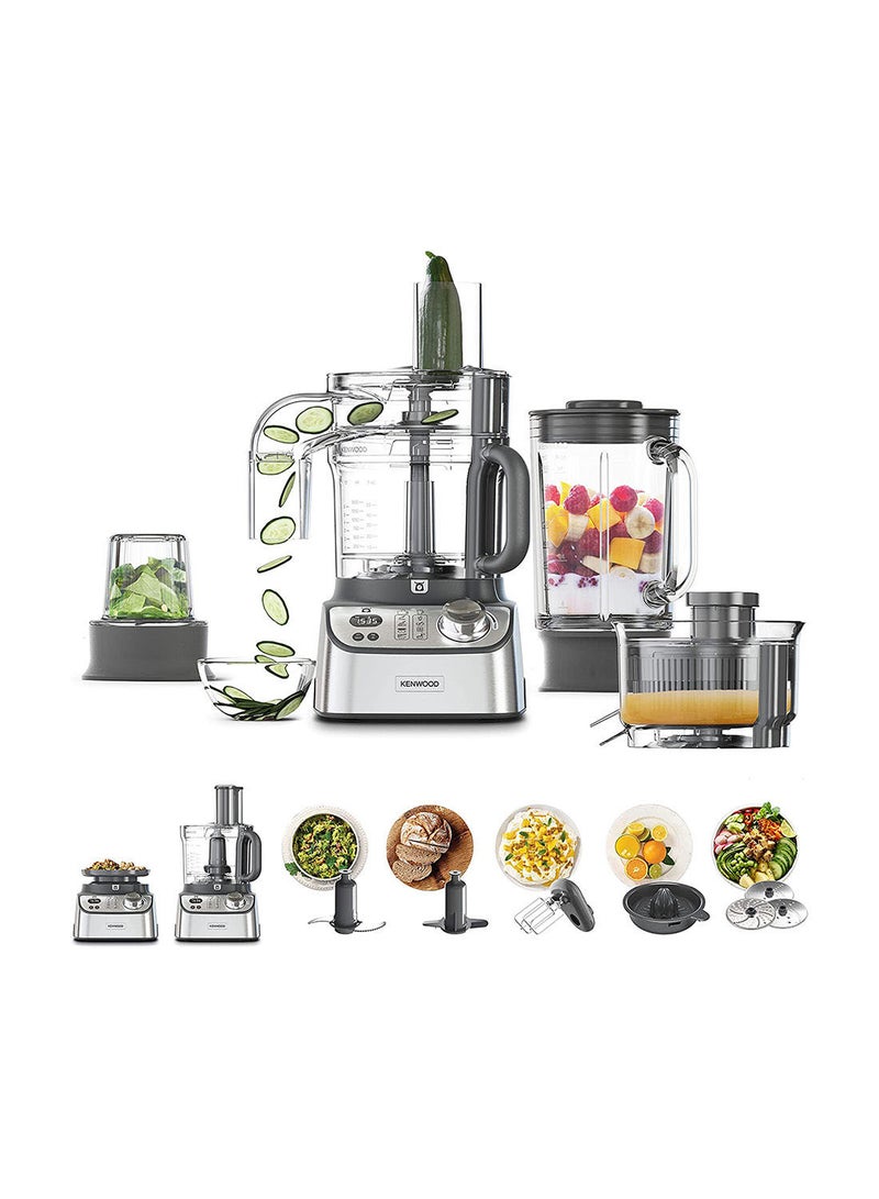 Food Processor With Glass Blender, Glass Mill, Juicer Extractror, Dual Metal Whisk, Dough Maker, Citrus Juicer, Express Serve/Salad Maker, Kitchen Scale/Weighing Tray 3 L 1000 W FDM71.980SS silver