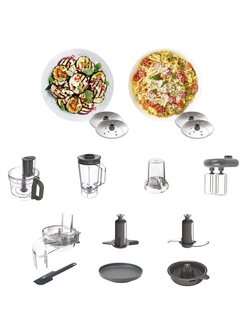 Food Processor With Blender, Grinder Mill, Dual Metal Whisk, Dough Maker, Citrus Juicer, Express Serve/Salad Maker, Kitchen Scale/Weighing Tray 1000 W FDM71.690SS silver