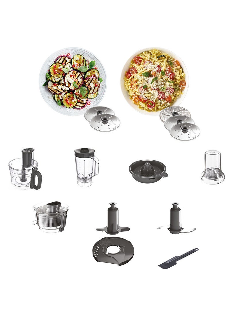 Food Processor, 3L Bowl, 1.5L Blender, 10 Attachments, 3 Stainless Steel Disks, Blender, Grinder, Juicer Extractor, Whisk, Dough Maker, Citrus Juicer - 3 L 1000 W FDP65.750WH White