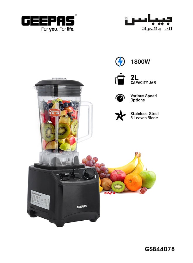 Professional Blender, Powerful Motor - Various Speed Options, Unbreakable PC Jar, Stainless Steel 6 Leave Blade, Countertop Blender for Milkshake Fruit Smoothie Maker 2 L 2000 W GSB44078N Black