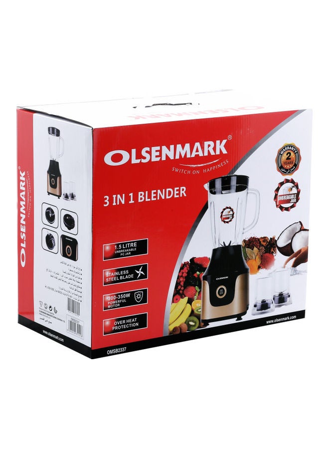 3 in 1 Multifunctional Blender - 2 Grinder Jars - Stainless Steel Blades, On/Off Speed Control - 1.5L Jar, 2 Grinder Jar with Over Heat Protection 1.5 L 350 W OMSB2337 Multicolour