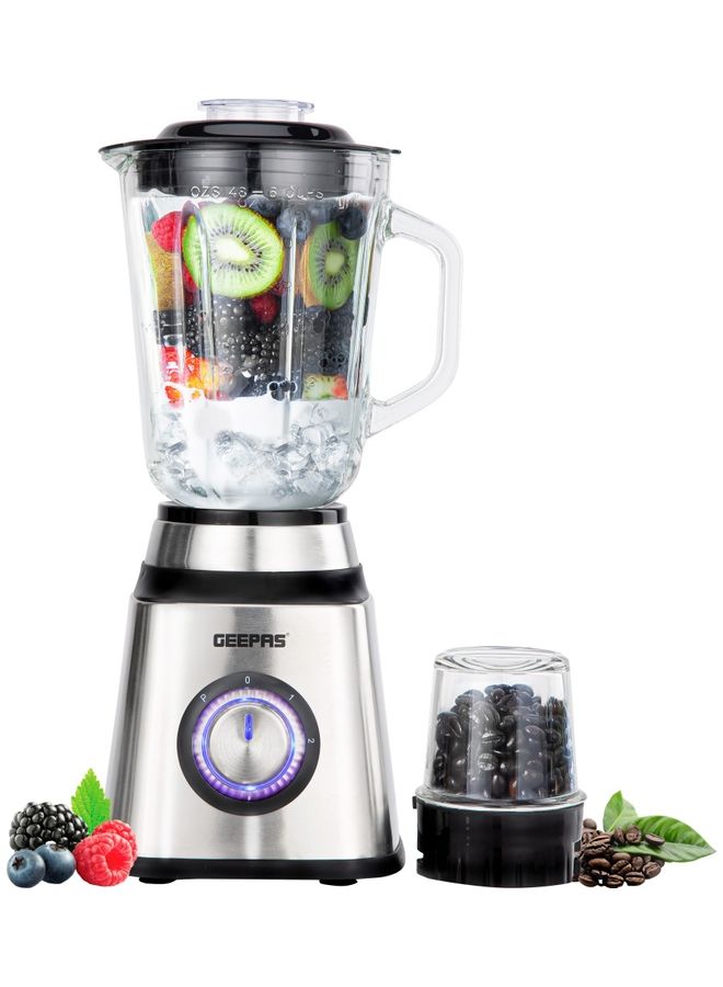 Stainless Steel Blender, Powerful Motor and Sharp Blade Transparent Glass Jars with Stainless Steel Blades 1.5 L Jar and Grinder Attachment 600 W GSB44076UK Black and Silver