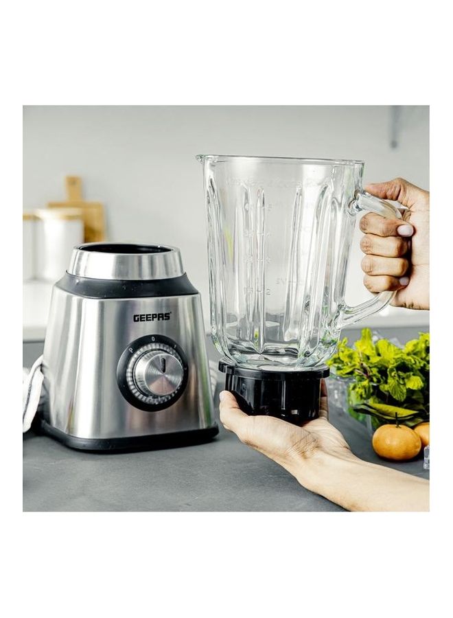 Stainless Steel Blender, Powerful Motor and Sharp Blade Transparent Glass Jars with Stainless Steel Blades 1.5 L Jar and Grinder Attachment 600 W GSB44076UK Black and Silver