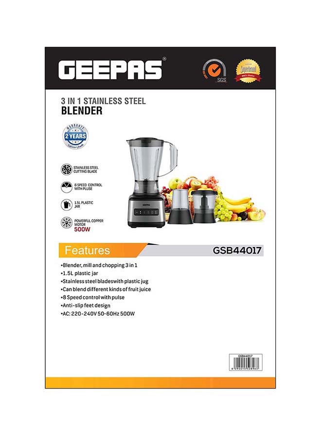 3 In 1 Stainless Steel Blender - 6 Speed Control/Plastic Jar/4 Sharp Blades And 2 Blending Preset Juicer- Mill And Chopping Blender/Anti-Slip feet Design 1.5 L 500 W GSB44017 Black/Grey/Clear