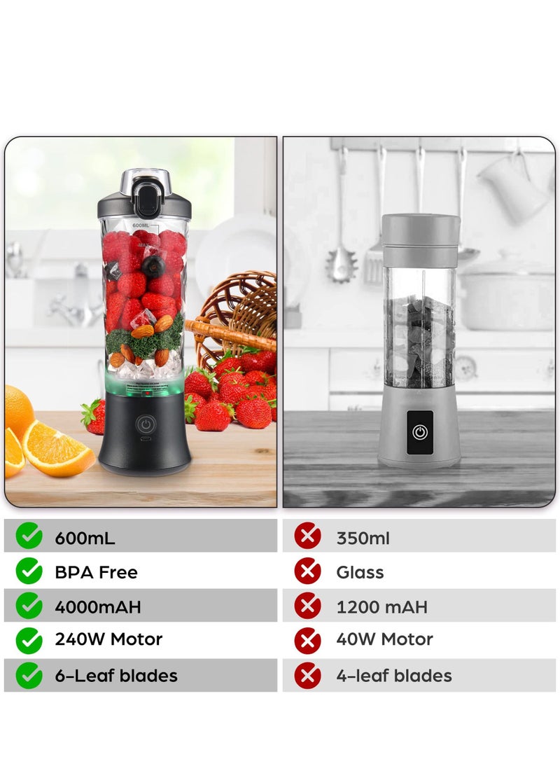 600ml Mini Portable Blender with 6 Blades, Personal Size Mixer For Shakes And Smoothies (Black)
