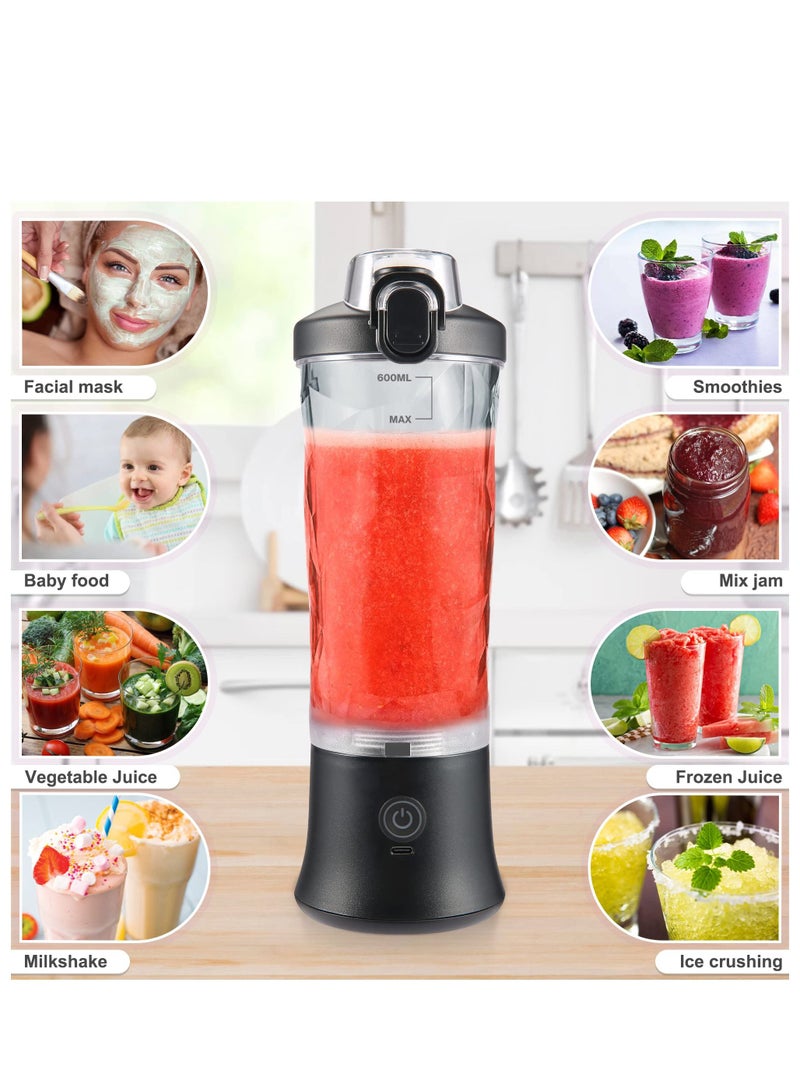 600ml Mini Portable Blender with 6 Blades, Personal Size Mixer For Shakes And Smoothies (Black)