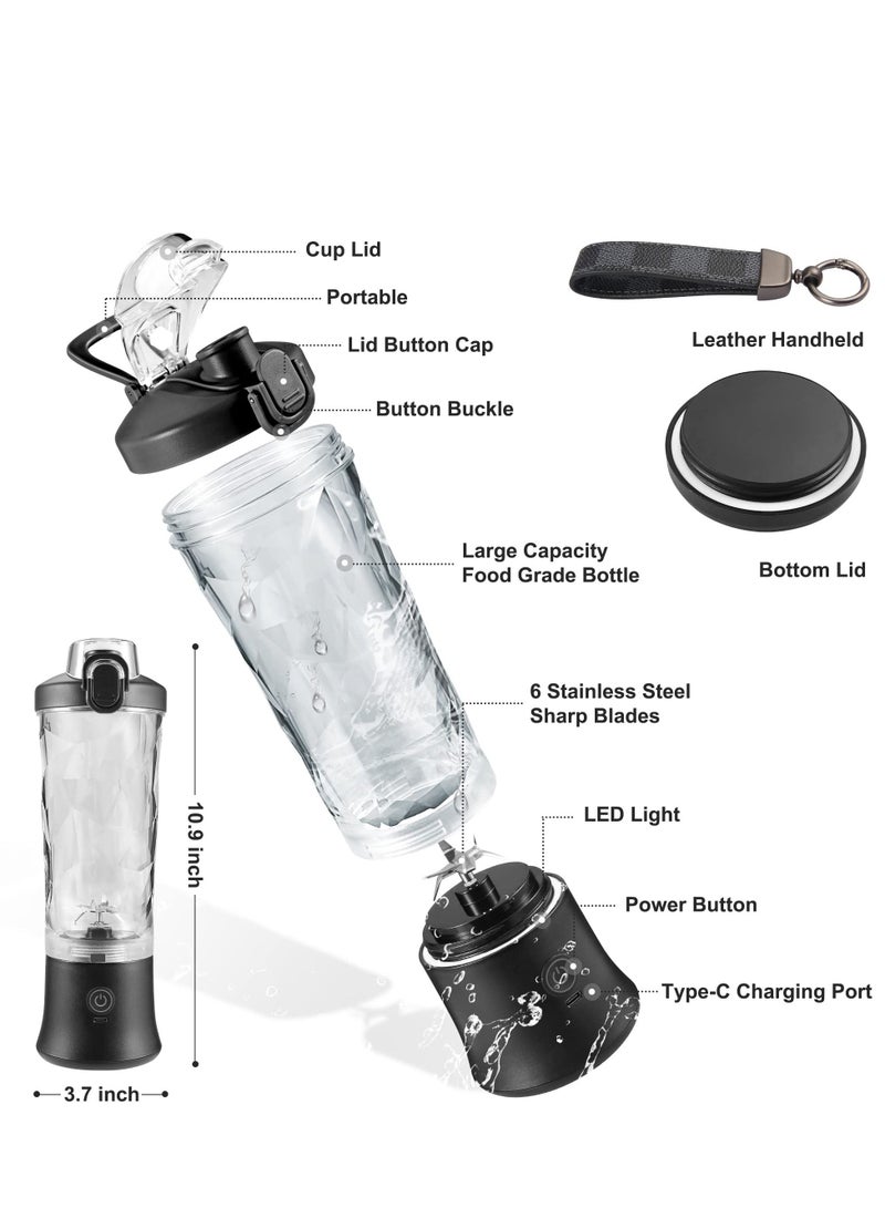 600ml Mini Portable Blender with 6 Blades, Personal Size Mixer For Shakes And Smoothies (Black)