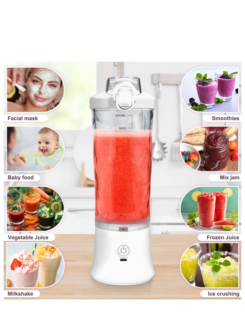 600ml Mini Portable Blender with 6 Blades, Personal Size Mixer For Shakes And Smoothies (White)