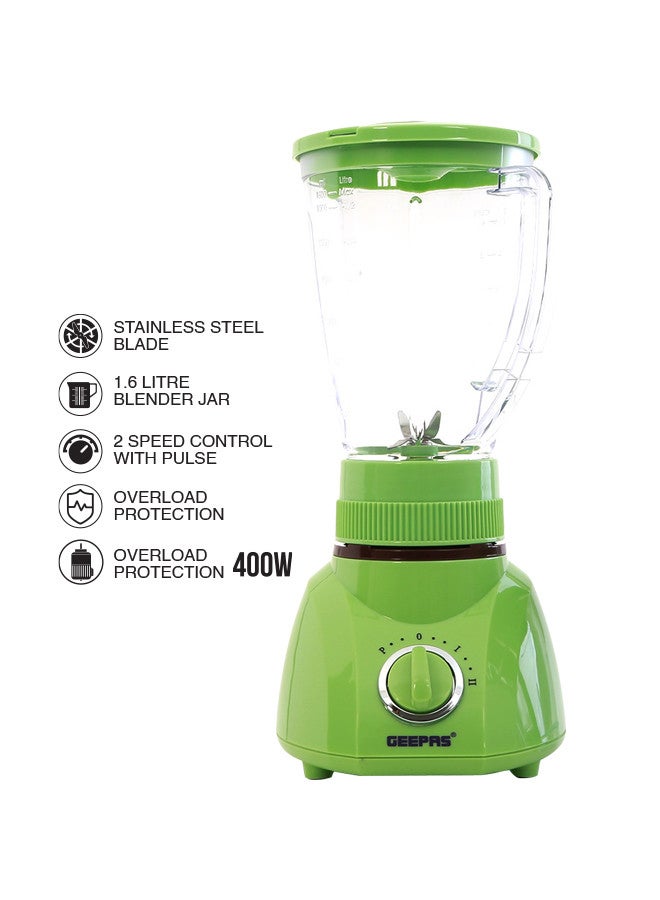 3-in-1 Blender, 1.6L Blender Jar Mixer Grinder with Dry Mill & Mincer Attachments | 2 Speed with Pulse Function | Wet Jar, Dry Jar and Chutney Jar 1.6 L 400 W GSB1514N Green/Clear
