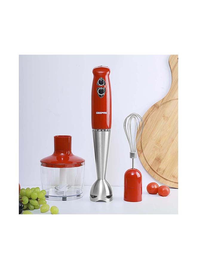 Hand Blender - Stainless Steel Blades with 2 Speed for Baby Food, Soup, Juice | 860ml Chopper Bowl & Electric Egg Whisk - 2 Years Warranty GHB6136 Red/Silver/Clear