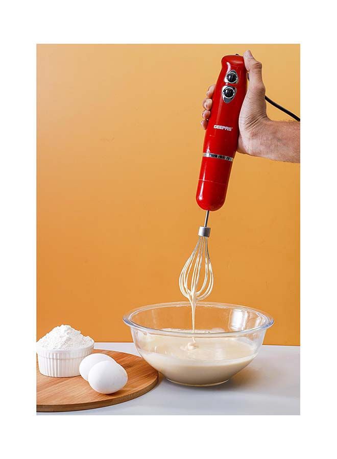 Hand Blender - Stainless Steel Blades with 2 Speed for Baby Food, Soup, Juice | 860ml Chopper Bowl & Electric Egg Whisk - 2 Years Warranty GHB6136 Red/Silver/Clear