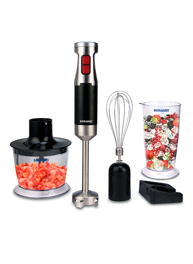 4-in-1 Hand Blender, Chopper, Whisker, Mixer - with Stainless Steel Shaft and Different Speed Control | Plastic Jar 700ML, Chopper 500 ML, Whisk and Robust Blending Wand SHB-179JBCW Black
