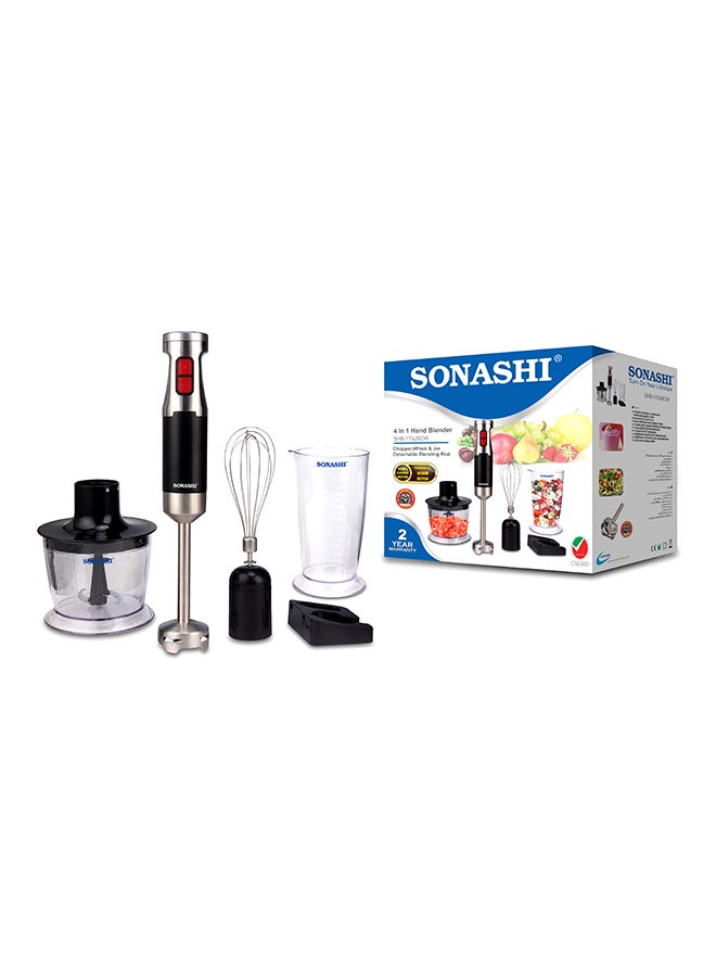 4-in-1 Hand Blender, Chopper, Whisker, Mixer - with Stainless Steel Shaft and Different Speed Control | Plastic Jar 700ML, Chopper 500 ML, Whisk and Robust Blending Wand SHB-179JBCW Black