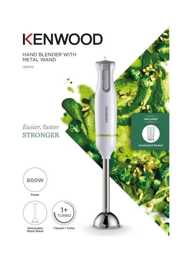 Hand Blender, Stainless Steel Wand, Variable Speed Control, Turbo Function, Removable Wand HBM02.001WH White