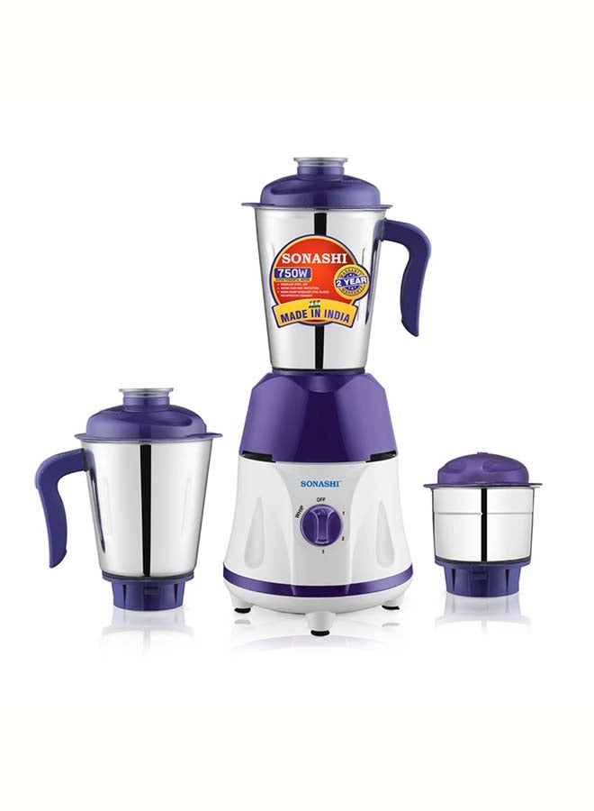 3 in 1 mixer grinder with Stainless Steel Jars, ABS Handle, and Motor Overheat Protection | 3 Variable Speed Perfect for Grinding and Liquidizing | Premium Quality Jars 1.5 L 750 W SB-190 Purple/White/Silver